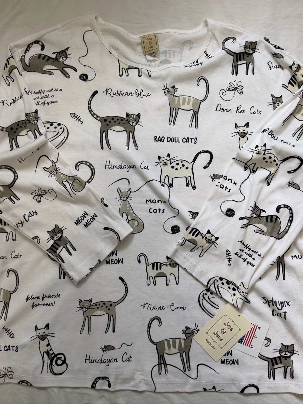 Jess & Jane Cat's World Print 3/4  Long Sleeve Cotton Size 3X - new with tag